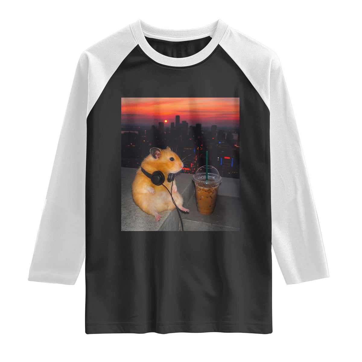 Hamster Drinking Iced Coffee Raglan Shirt Funny Animal Chill City Sunset Headphones