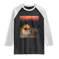 Hamster Drinking Iced Coffee Raglan Shirt Funny Animal Chill City Sunset Headphones