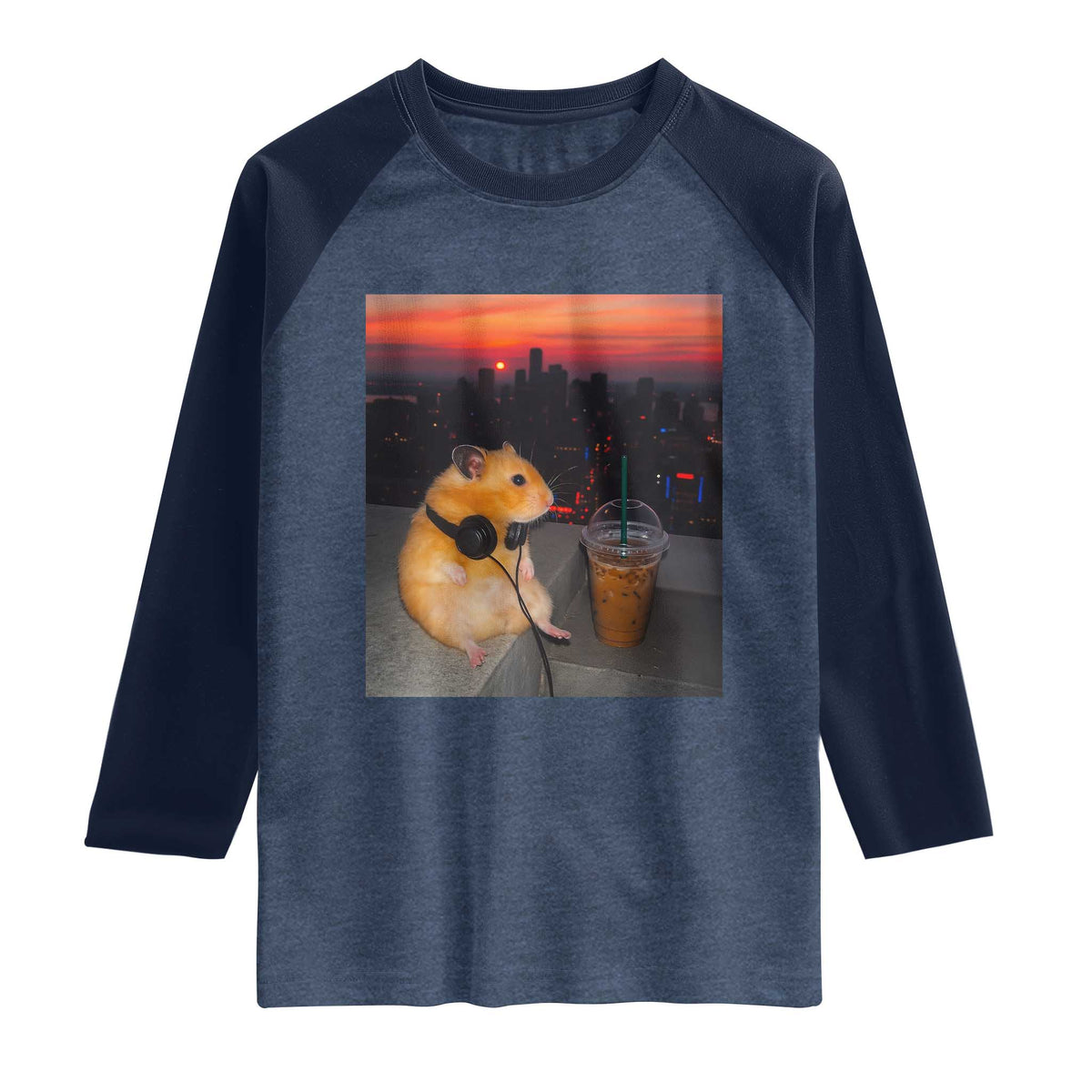 Hamster Drinking Iced Coffee Raglan Shirt Funny Animal Chill City Sunset Headphones