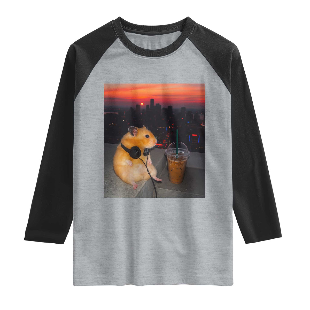Hamster Drinking Iced Coffee Raglan Shirt Funny Animal Chill City Sunset Headphones