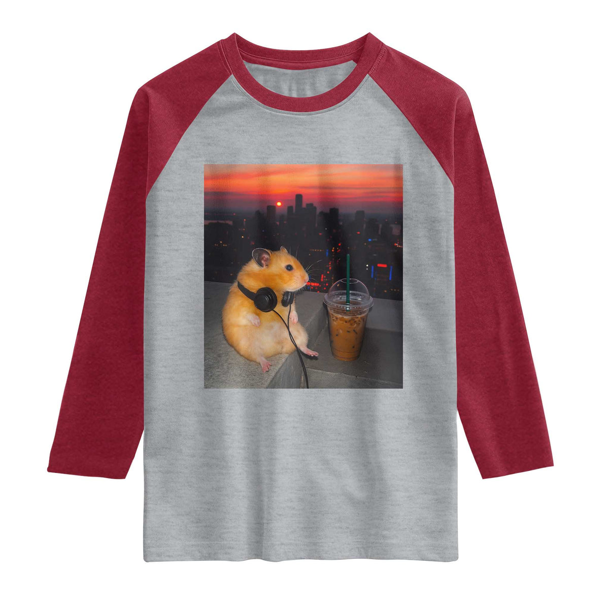 Hamster Drinking Iced Coffee Raglan Shirt Funny Animal Chill City Sunset Headphones