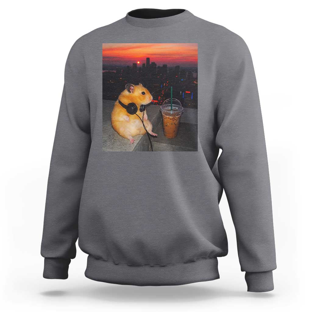 Hamster Drinking Iced Coffee Sweatshirt Funny Animal Chill City Sunset Headphones