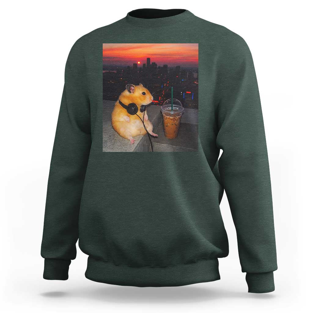 Hamster Drinking Iced Coffee Sweatshirt Funny Animal Chill City Sunset Headphones