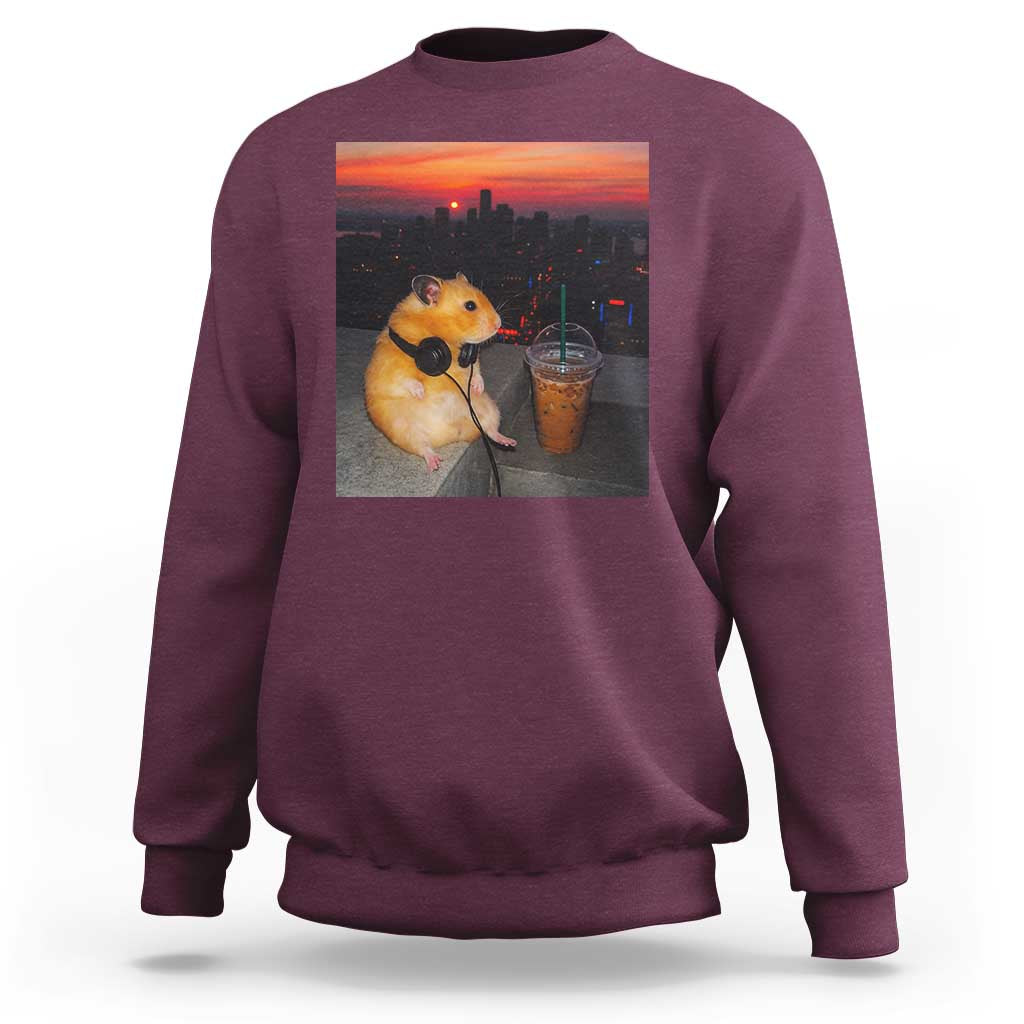 Hamster Drinking Iced Coffee Sweatshirt Funny Animal Chill City Sunset Headphones