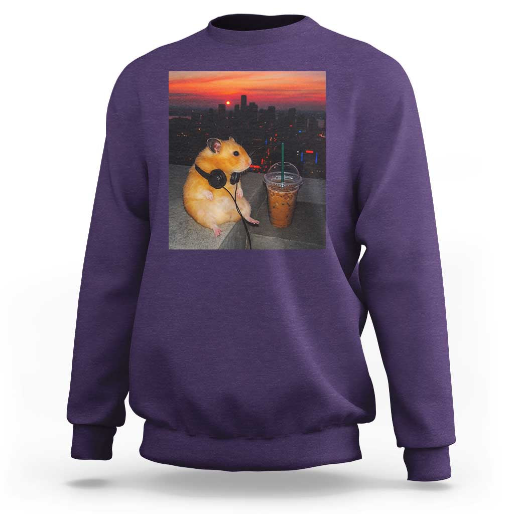 Hamster Drinking Iced Coffee Sweatshirt Funny Animal Chill City Sunset Headphones