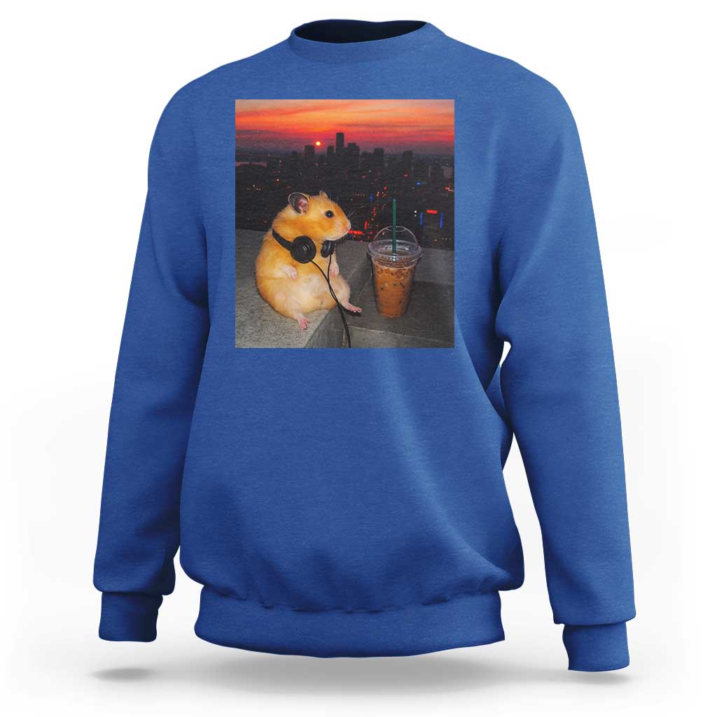 Hamster Drinking Iced Coffee Sweatshirt Funny Animal Chill City Sunset Headphones
