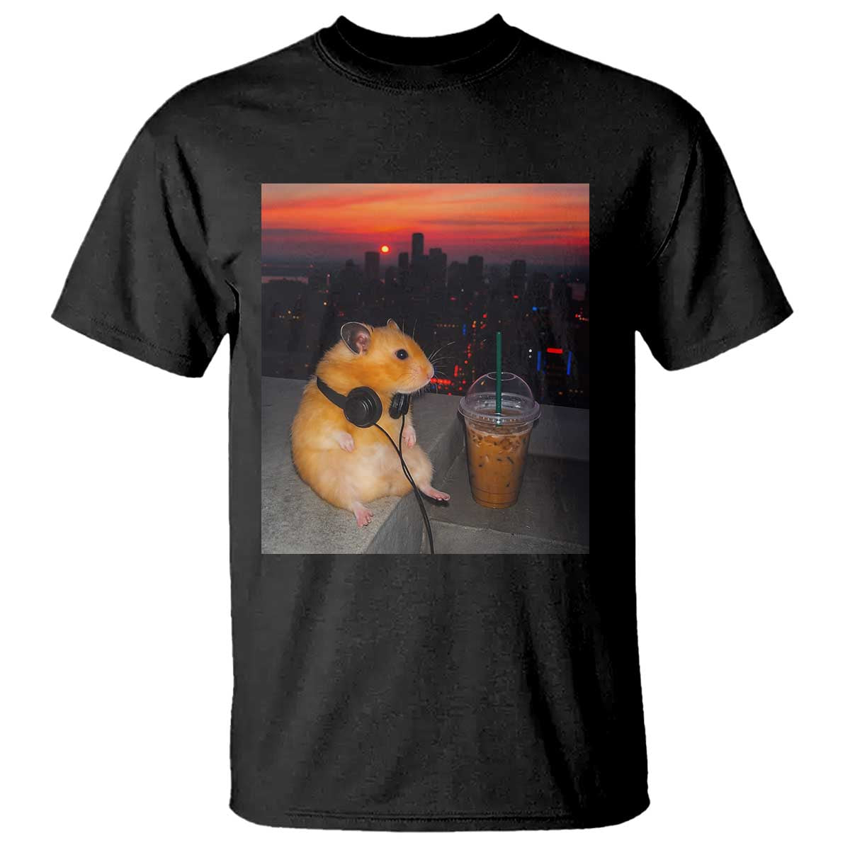 Hamster Drinking Iced Coffee T Shirt Funny Animal Chill City Sunset Headphones