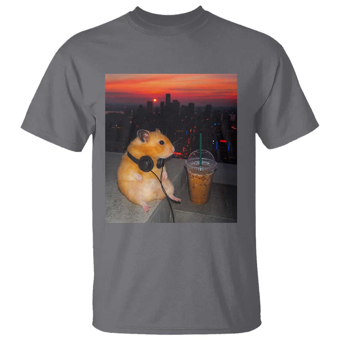 Hamster Drinking Iced Coffee T Shirt Funny Animal Chill City Sunset Headphones