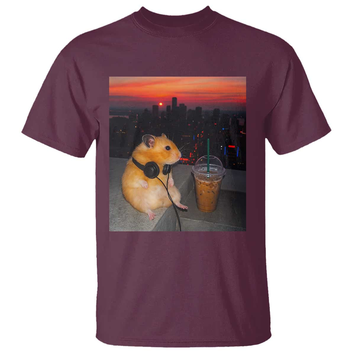 Hamster Drinking Iced Coffee T Shirt Funny Animal Chill City Sunset Headphones