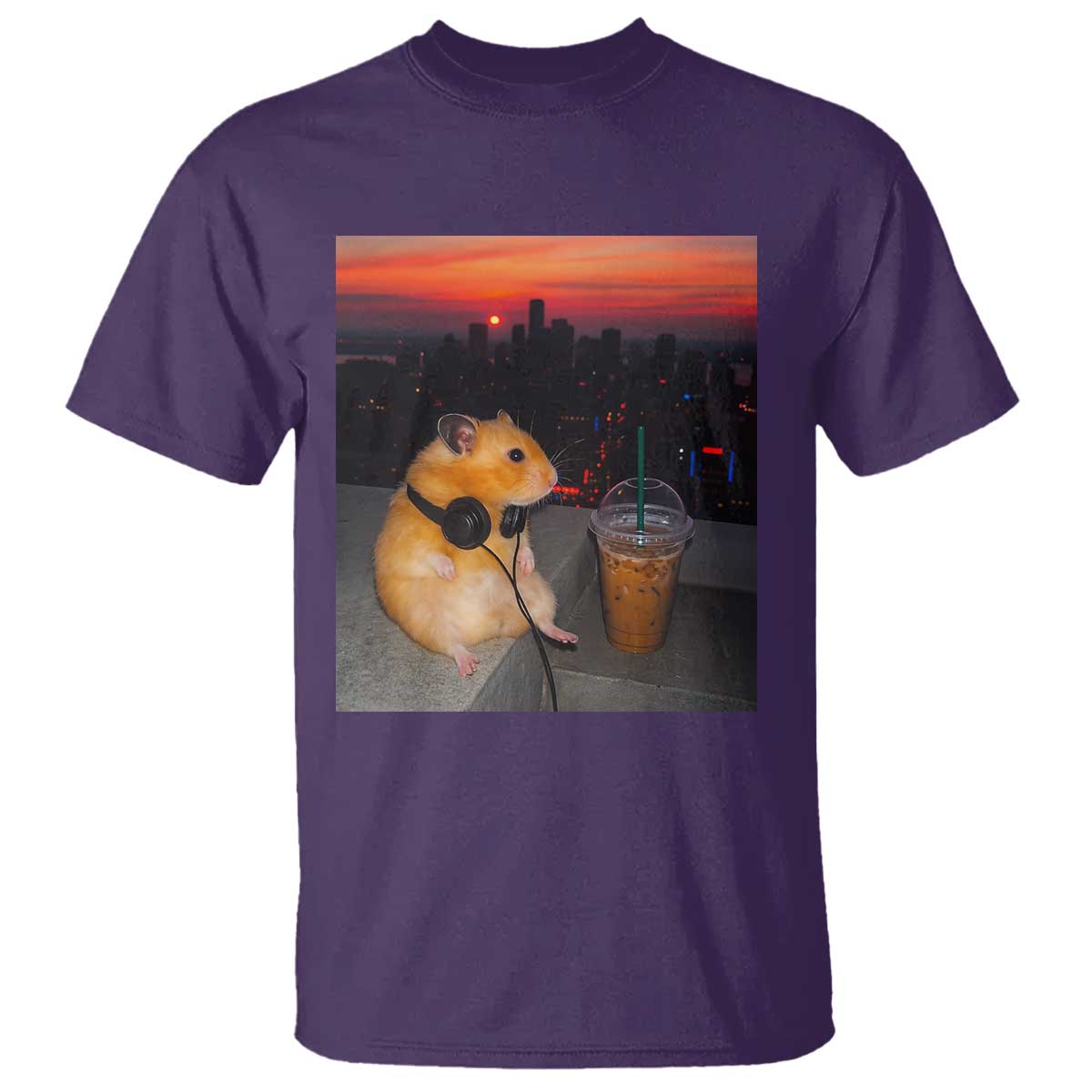 Hamster Drinking Iced Coffee T Shirt Funny Animal Chill City Sunset Headphones