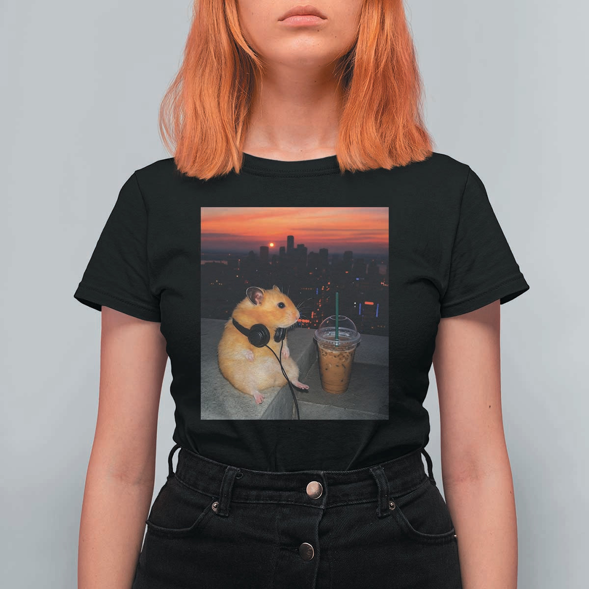 Hamster Drinking Iced Coffee T Shirt For Women Funny Animal Chill City Sunset Headphones