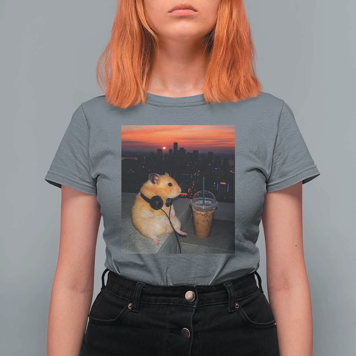 Hamster Drinking Iced Coffee T Shirt For Women Funny Animal Chill City Sunset Headphones