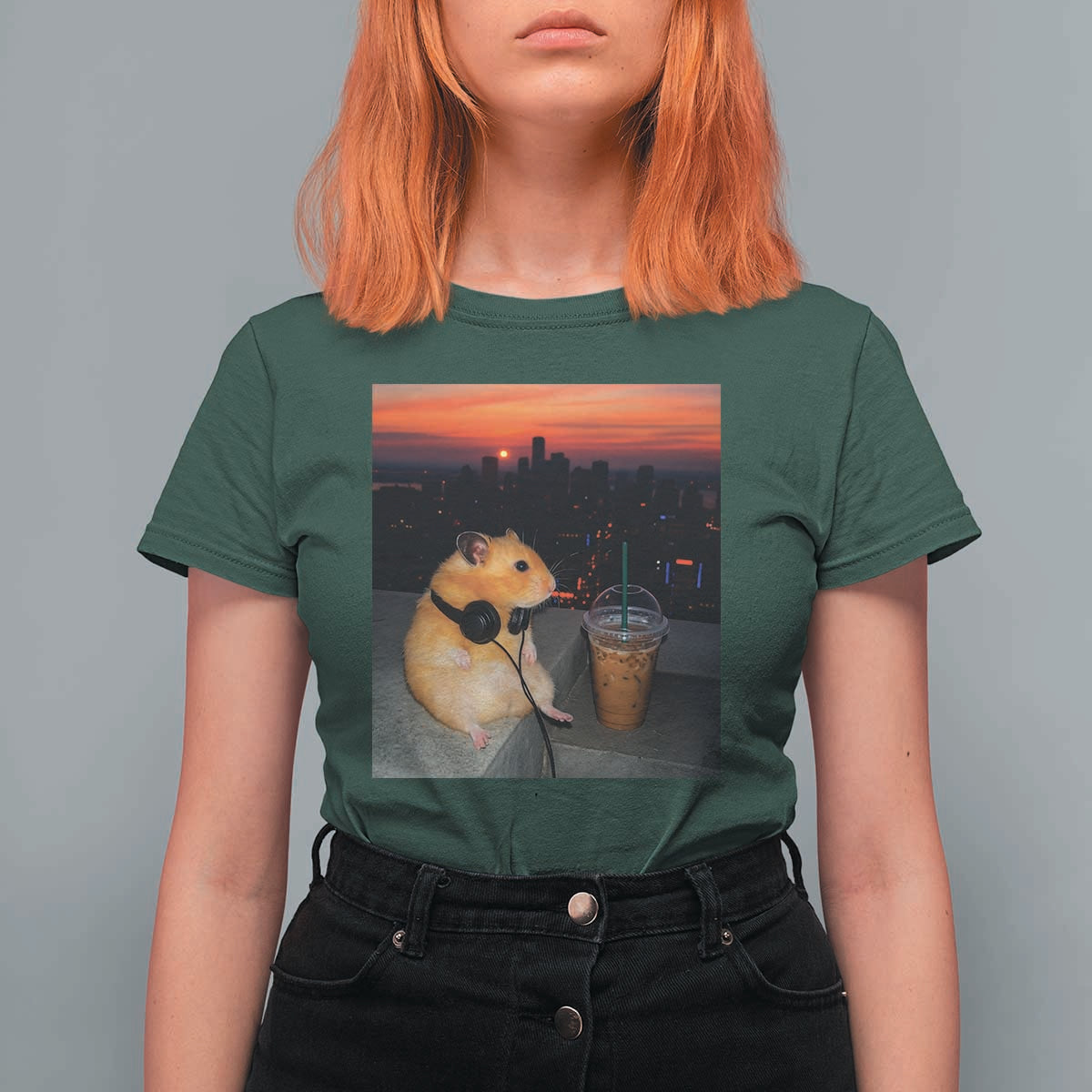 Hamster Drinking Iced Coffee T Shirt For Women Funny Animal Chill City Sunset Headphones