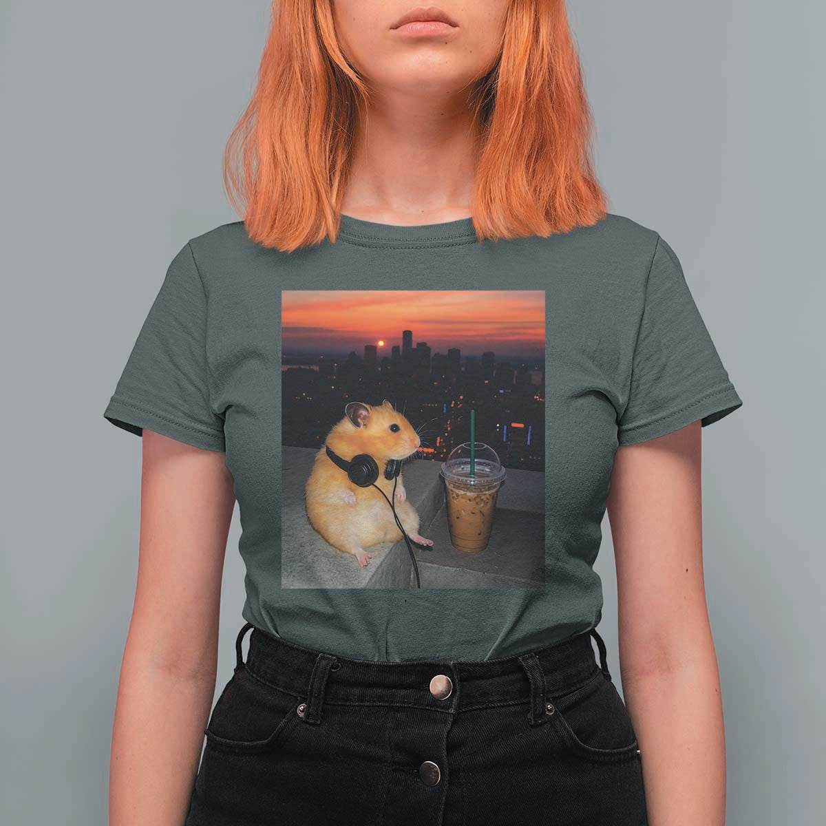 Hamster Drinking Iced Coffee T Shirt For Women Funny Animal Chill City Sunset Headphones