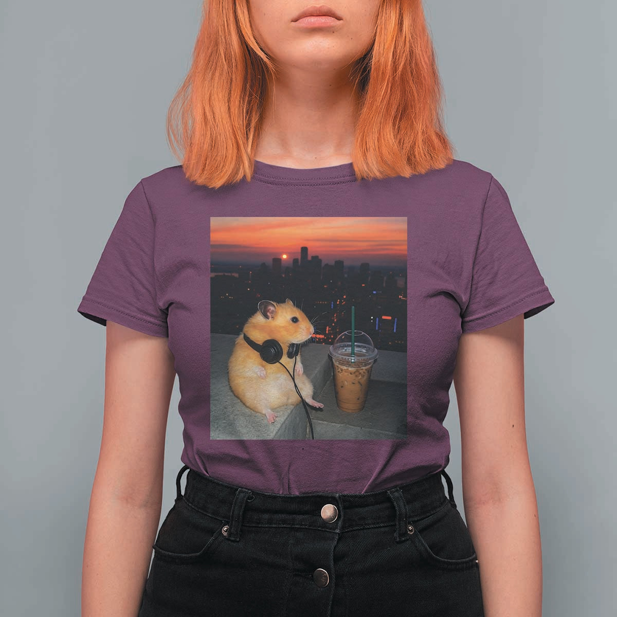 Hamster Drinking Iced Coffee T Shirt For Women Funny Animal Chill City Sunset Headphones