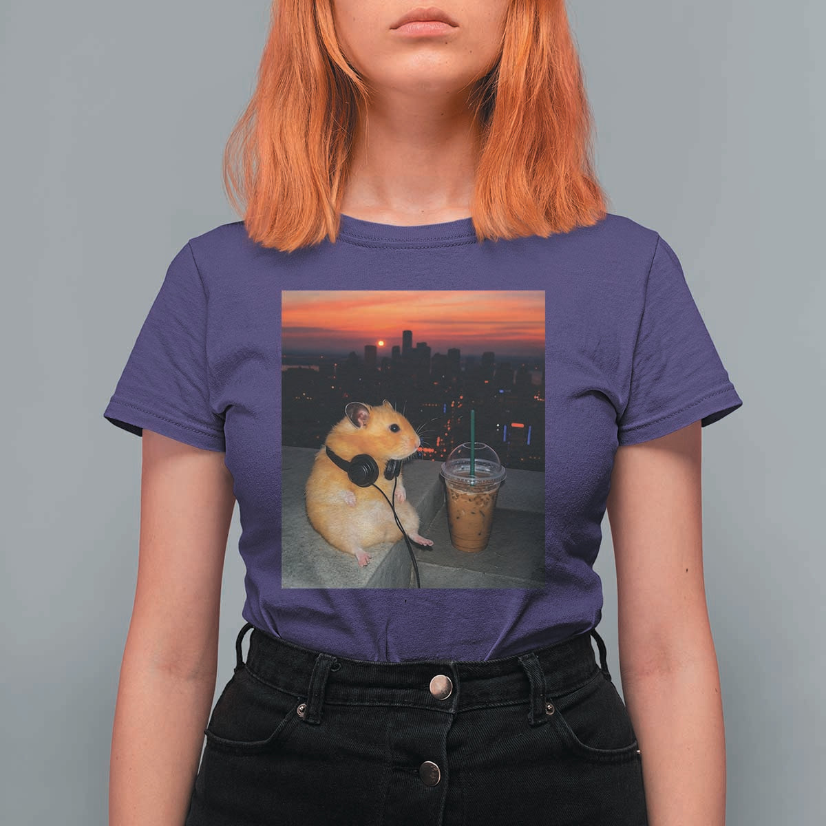 Hamster Drinking Iced Coffee T Shirt For Women Funny Animal Chill City Sunset Headphones