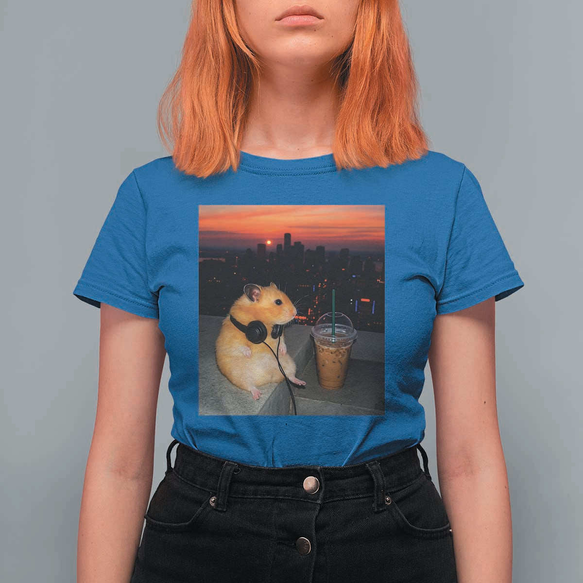 Hamster Drinking Iced Coffee T Shirt For Women Funny Animal Chill City Sunset Headphones