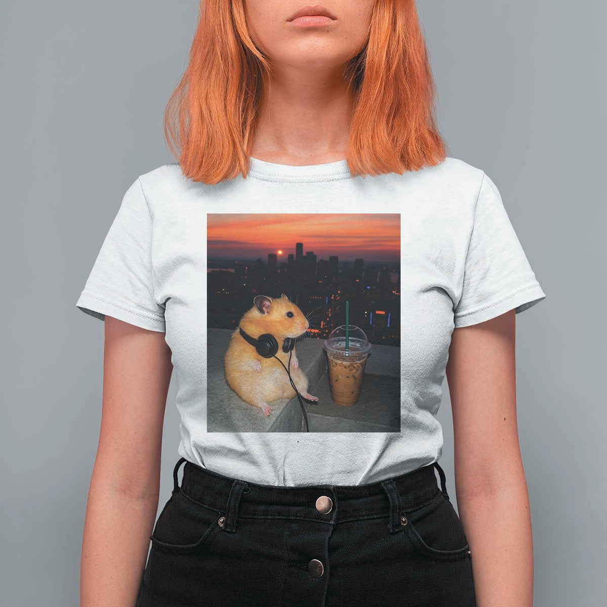 Hamster Drinking Iced Coffee T Shirt For Women Funny Animal Chill City Sunset Headphones