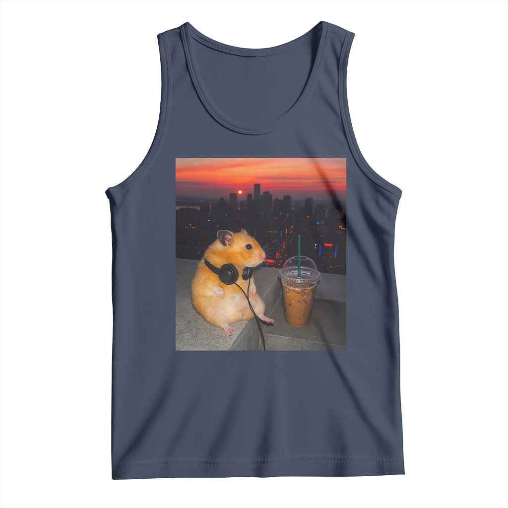 Hamster Drinking Iced Coffee Tank Top Funny Animal Chill City Sunset Headphones