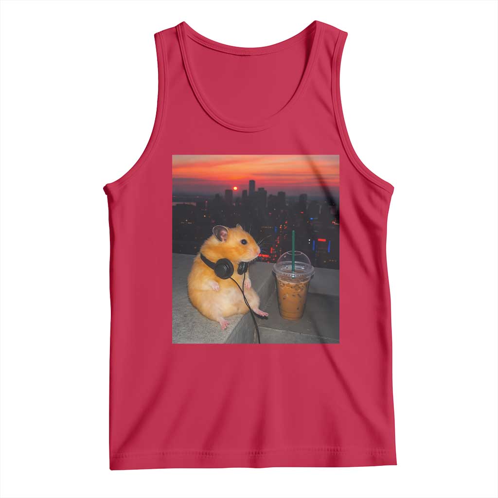 Hamster Drinking Iced Coffee Tank Top Funny Animal Chill City Sunset Headphones