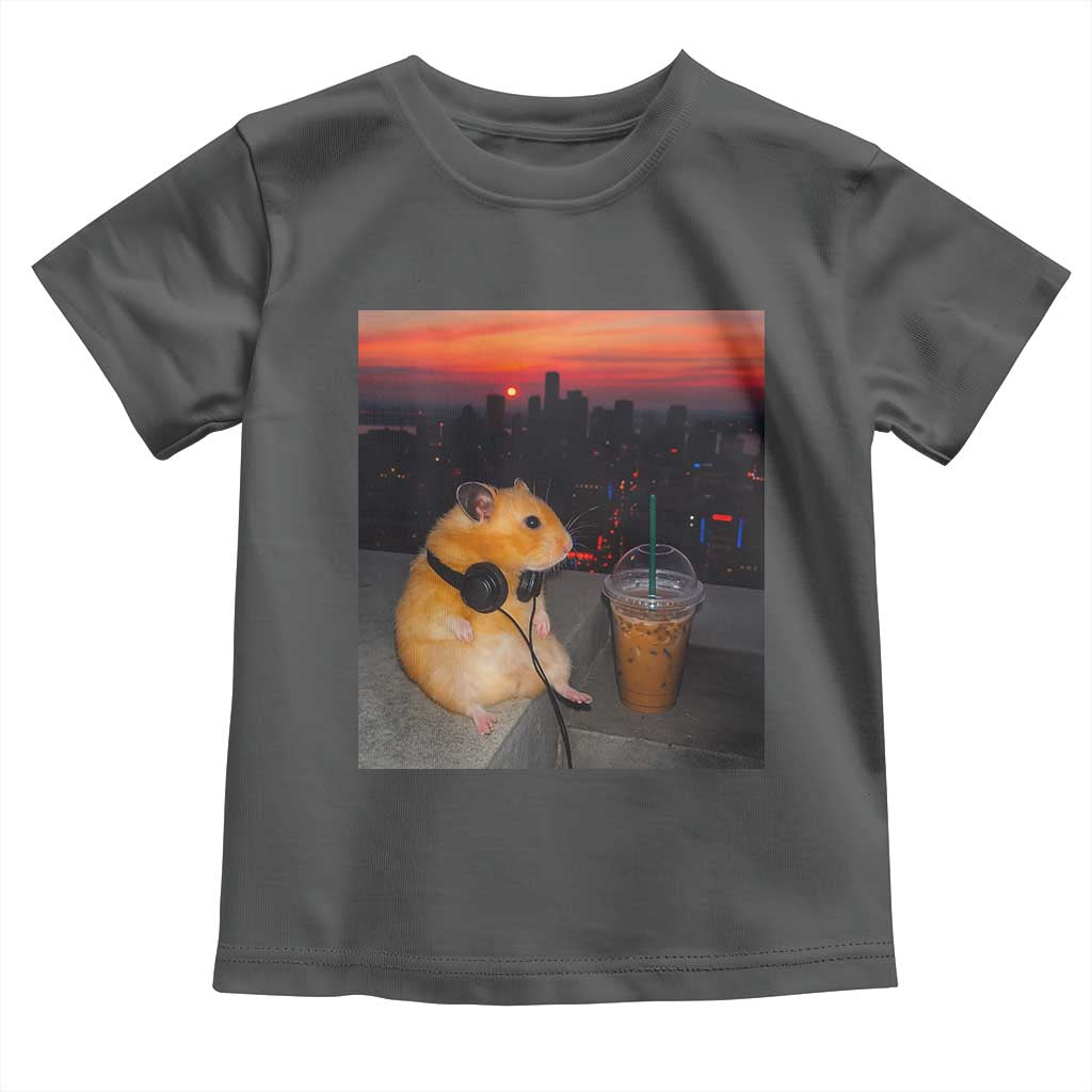Hamster Drinking Iced Coffee Toddler T Shirt Funny Animal Chill City Sunset Headphones
