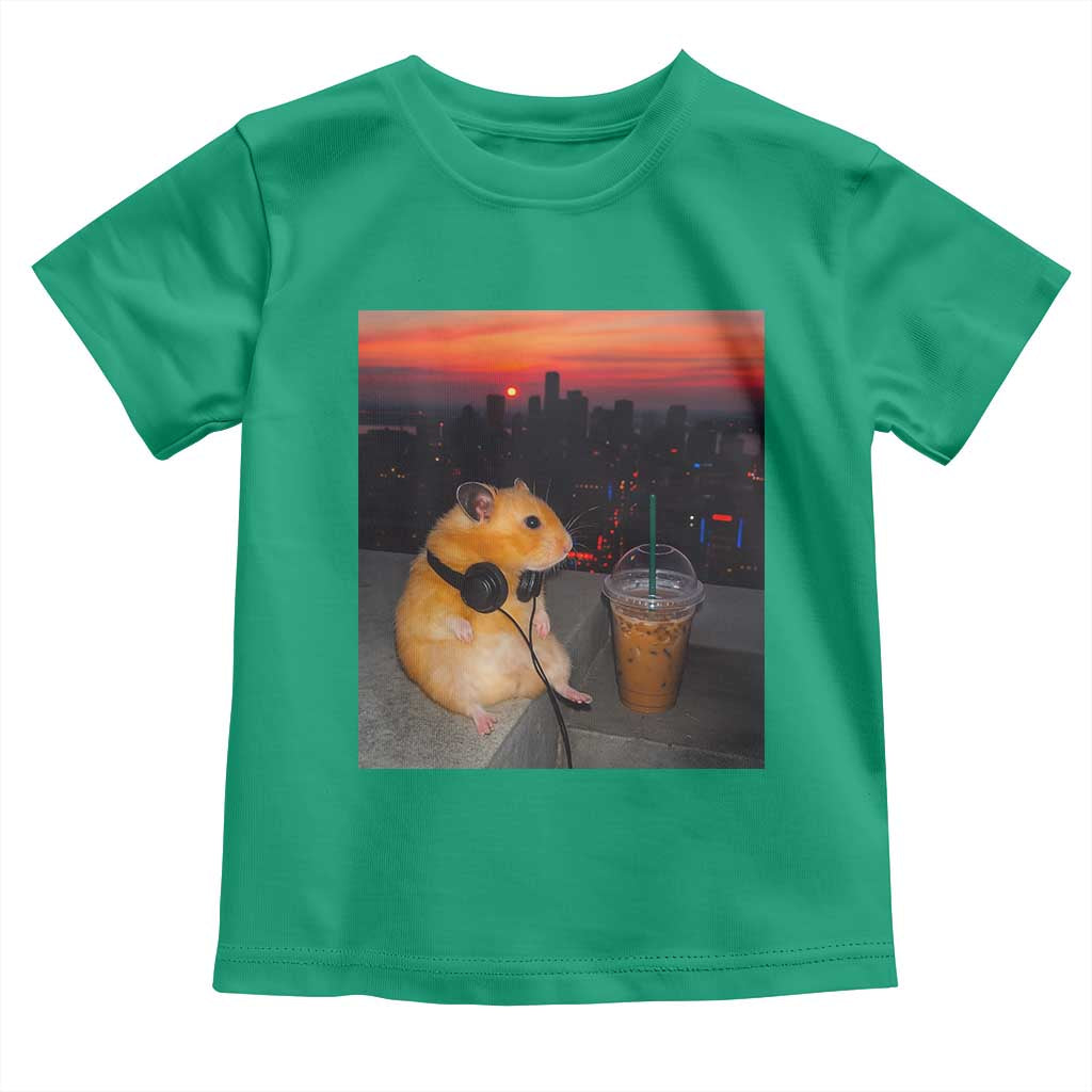 Hamster Drinking Iced Coffee Toddler T Shirt Funny Animal Chill City Sunset Headphones