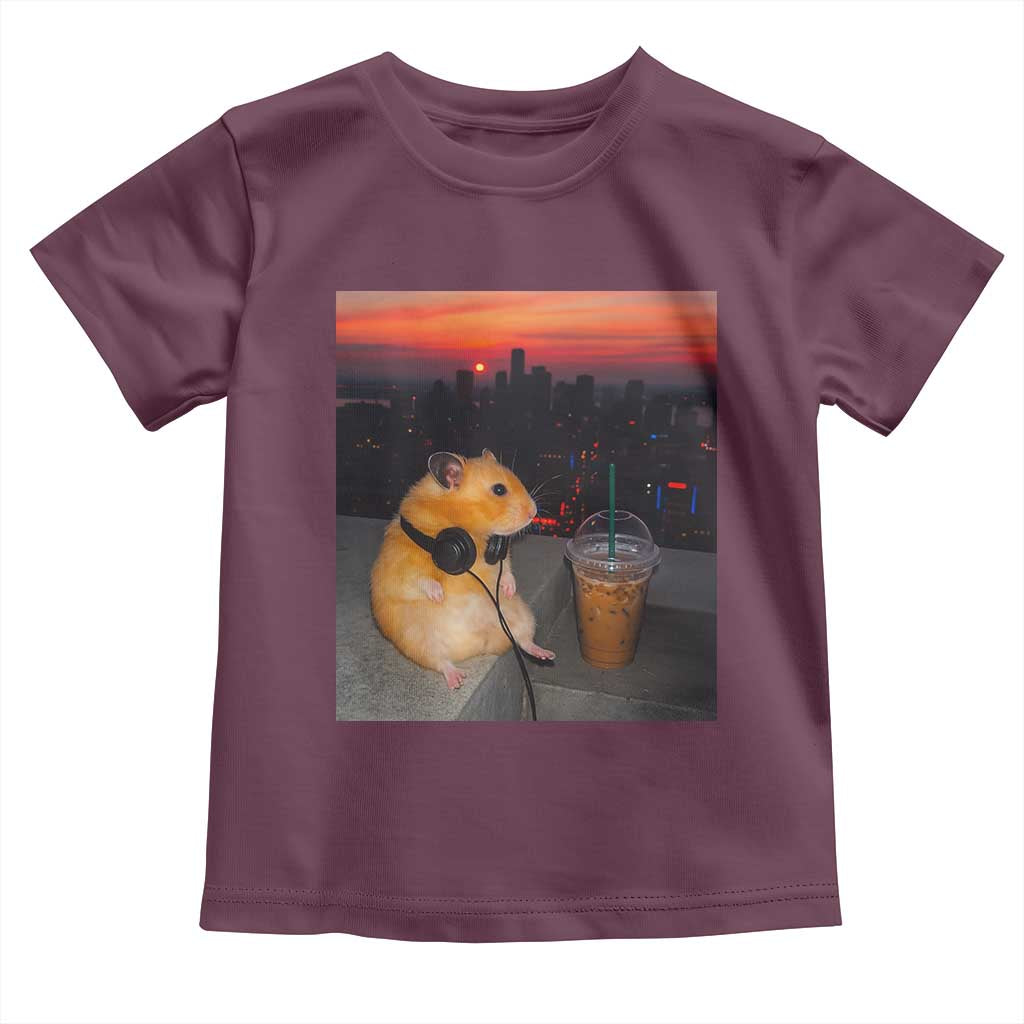 Hamster Drinking Iced Coffee Toddler T Shirt Funny Animal Chill City Sunset Headphones