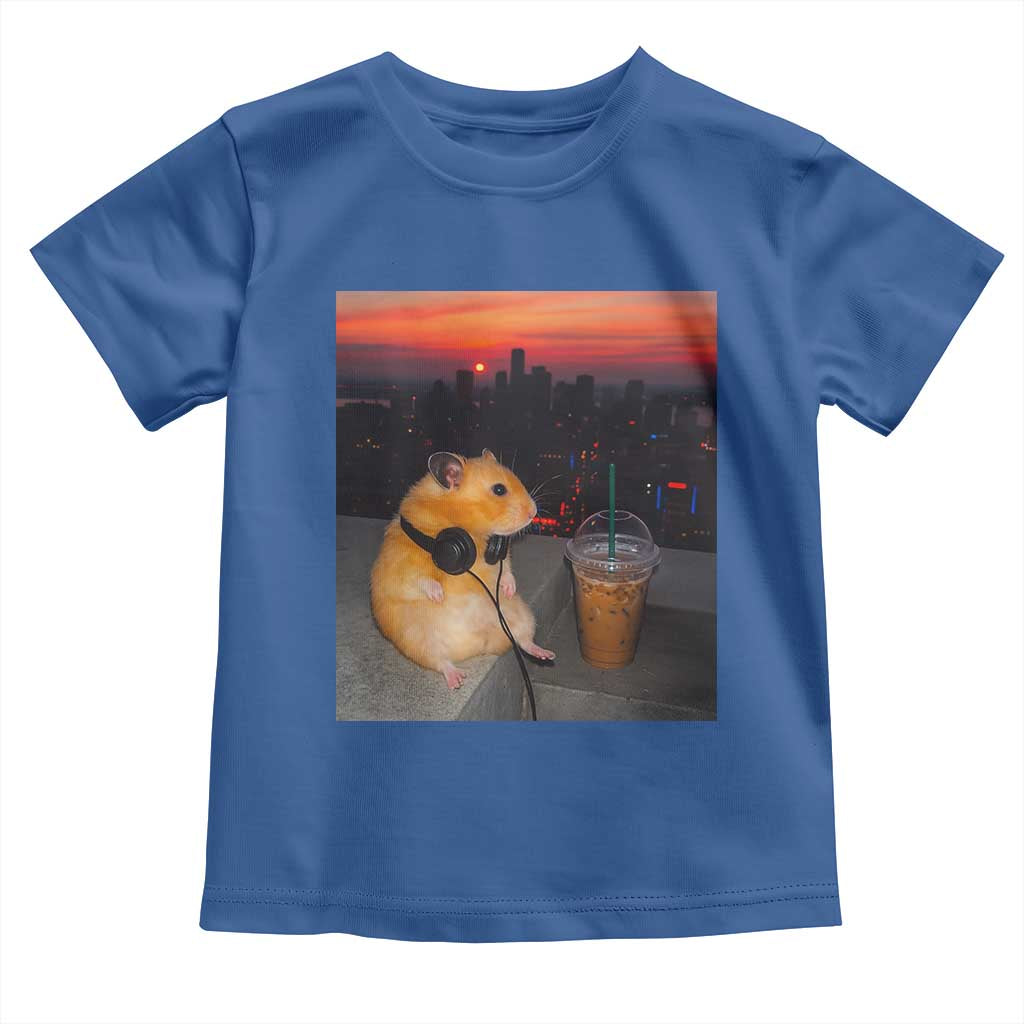 Hamster Drinking Iced Coffee Toddler T Shirt Funny Animal Chill City Sunset Headphones
