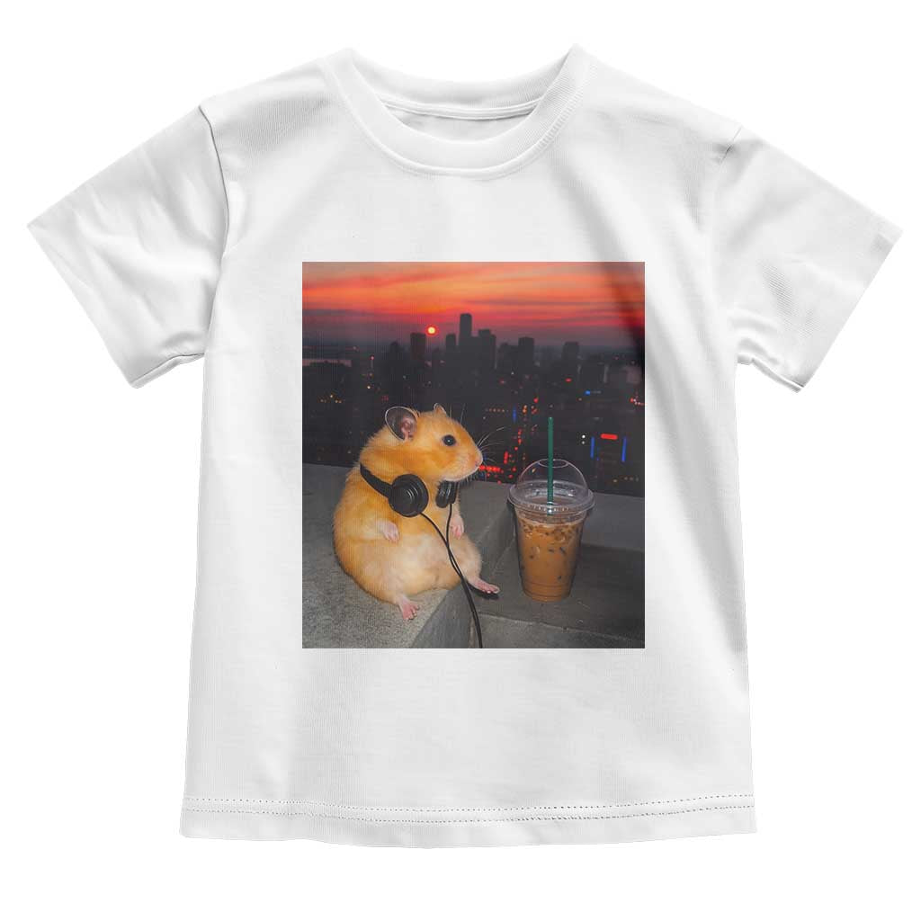 Hamster Drinking Iced Coffee Toddler T Shirt Funny Animal Chill City Sunset Headphones