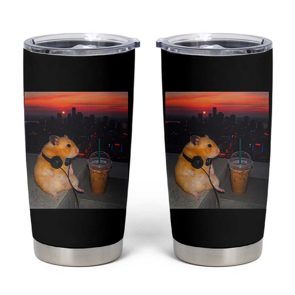 Hamster Drinking Iced Coffee Tumbler Cup Funny Animal Chill City Sunset Headphones