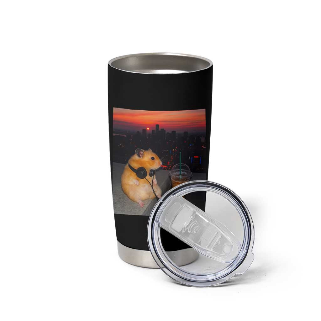 Hamster Drinking Iced Coffee Tumbler Cup Funny Animal Chill City Sunset Headphones