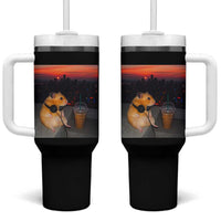 Hamster Drinking Iced Coffee Tumbler With Handle Funny Animal Chill City Sunset Headphones