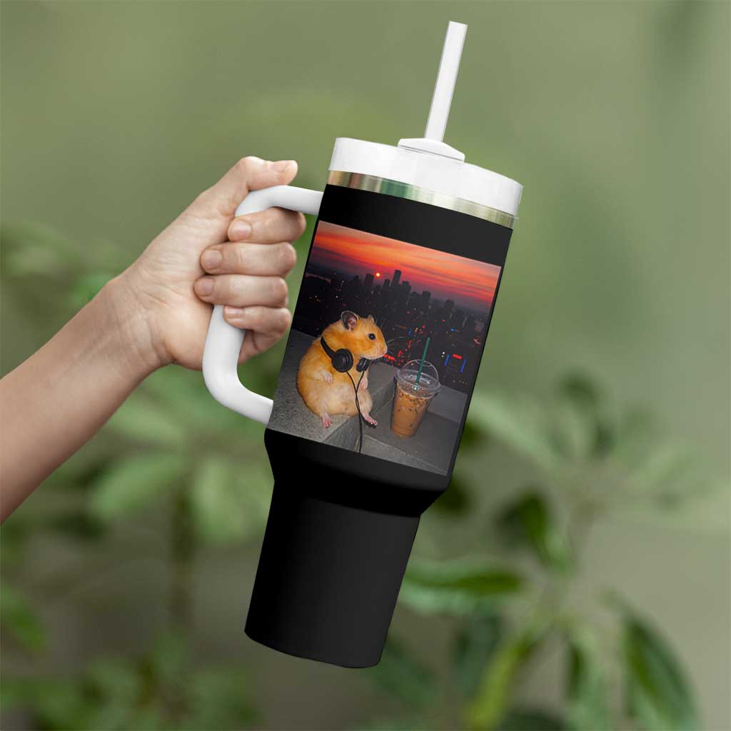 Hamster Drinking Iced Coffee Tumbler With Handle Funny Animal Chill City Sunset Headphones