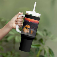 Hamster Drinking Iced Coffee Tumbler With Handle Funny Animal Chill City Sunset Headphones