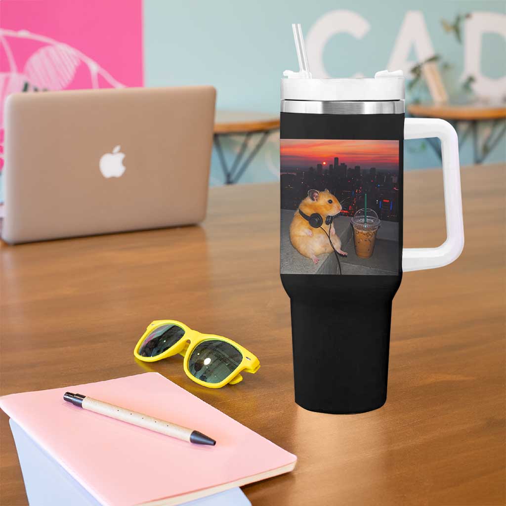 Hamster Drinking Iced Coffee Tumbler With Handle Funny Animal Chill City Sunset Headphones