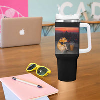 Hamster Drinking Iced Coffee Tumbler With Handle Funny Animal Chill City Sunset Headphones