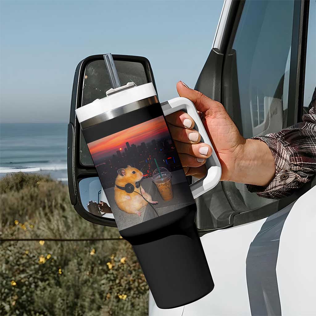 Hamster Drinking Iced Coffee Tumbler With Handle Funny Animal Chill City Sunset Headphones