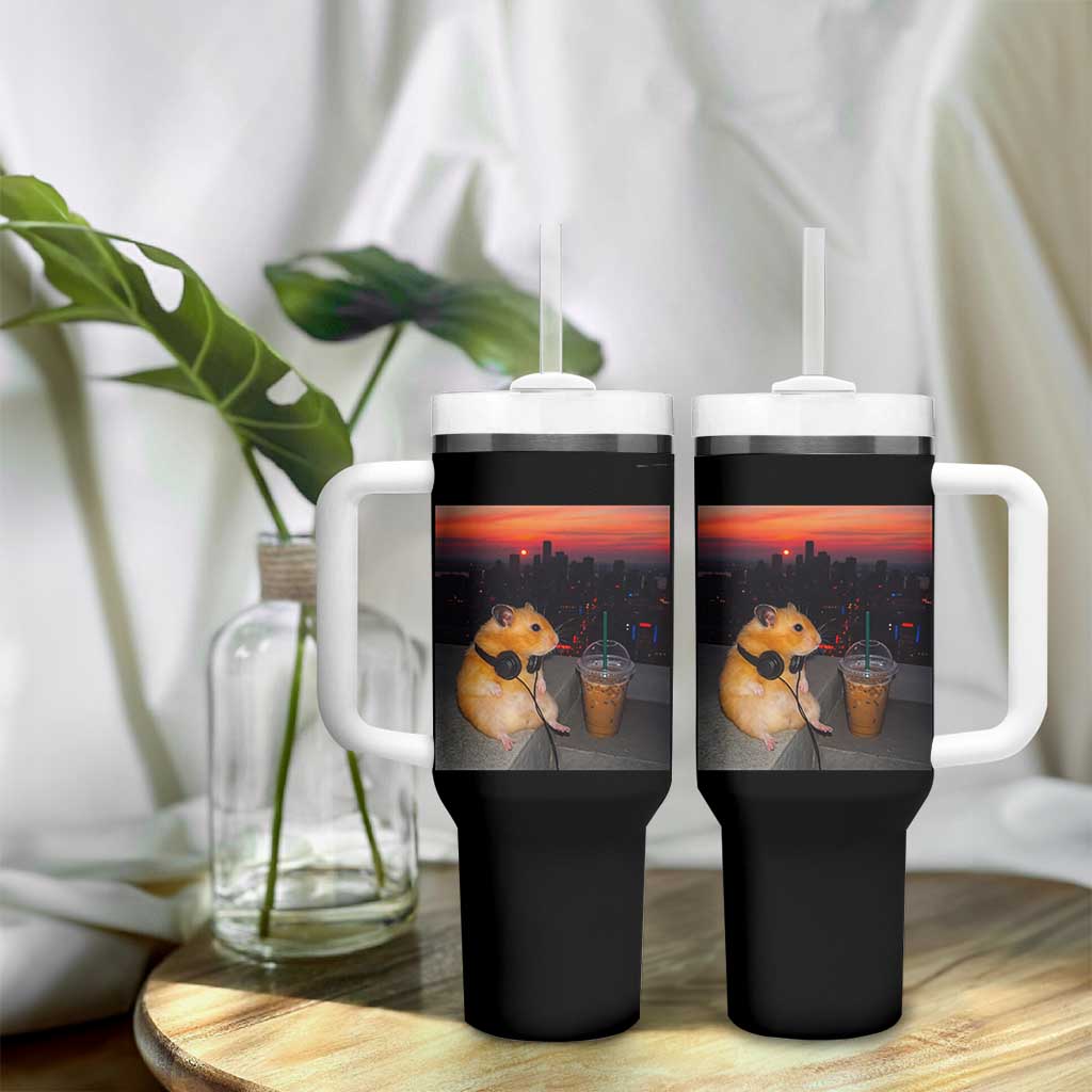 Hamster Drinking Iced Coffee Tumbler With Handle Funny Animal Chill City Sunset Headphones