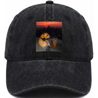 Hamster Drinking Iced Coffee Washed Cotton Baseball Cap Funny Animal Chill City Sunset Headphones