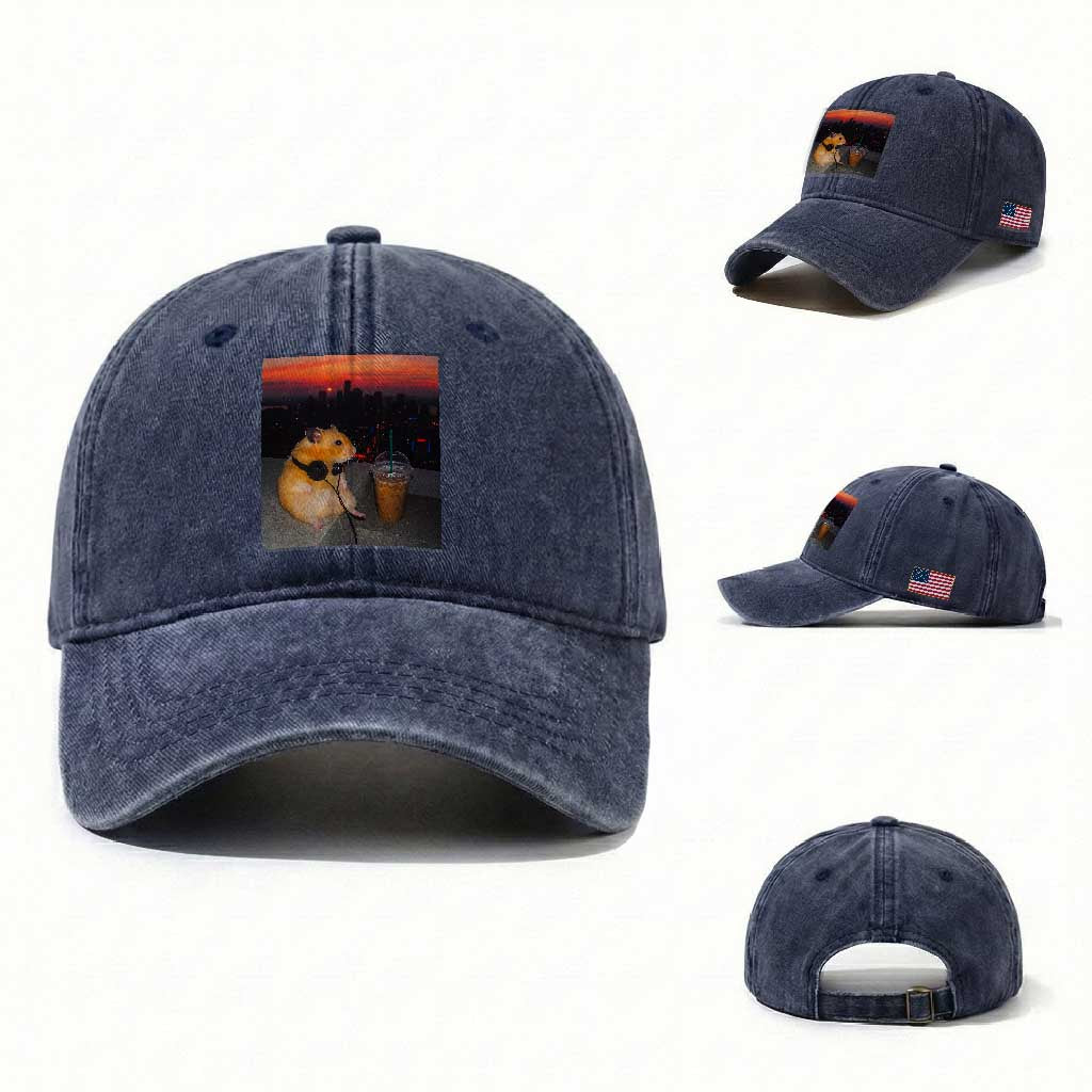 Hamster Drinking Iced Coffee Washed Cotton Baseball Cap Funny Animal Chill City Sunset Headphones