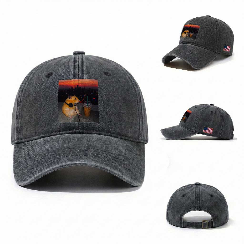 Hamster Drinking Iced Coffee Washed Cotton Baseball Cap Funny Animal Chill City Sunset Headphones