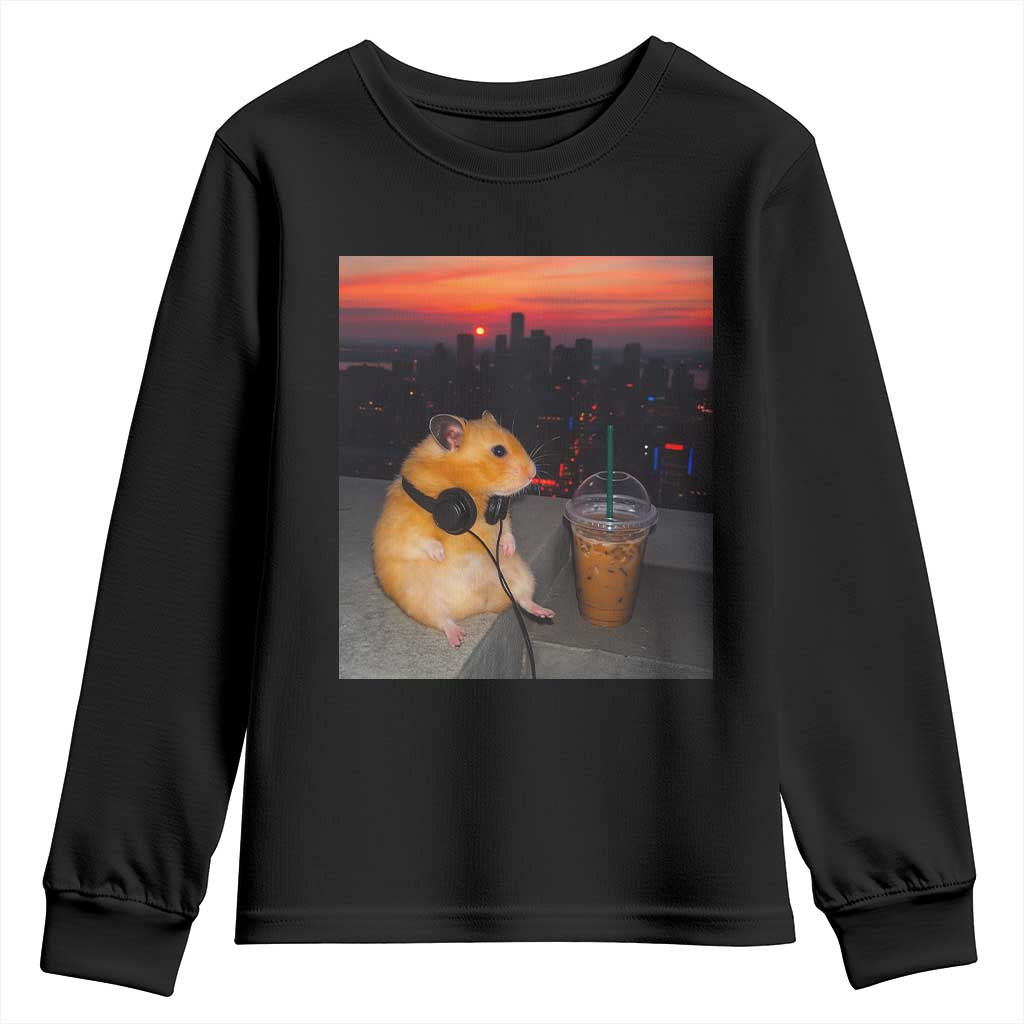 Hamster Drinking Iced Coffee Youth Sweatshirt Funny Animal Chill City Sunset Headphones
