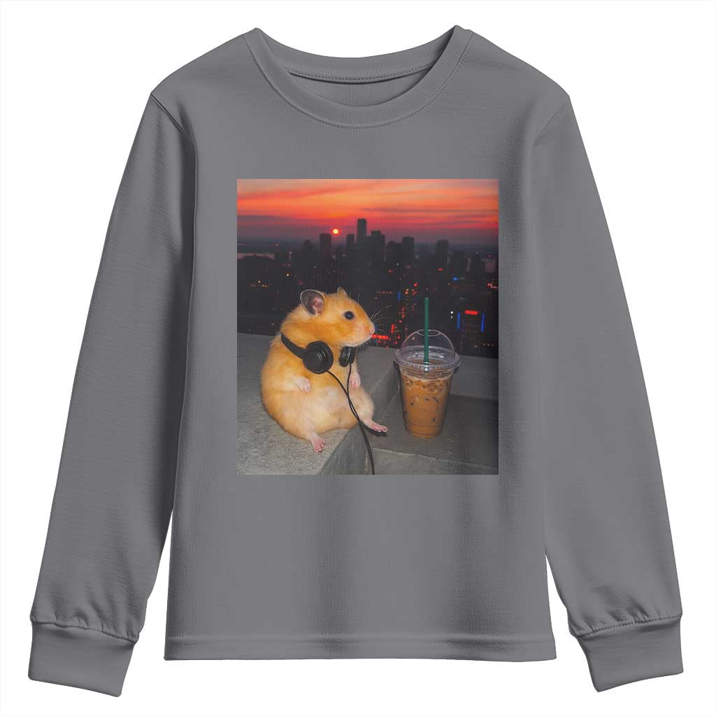 Hamster Drinking Iced Coffee Youth Sweatshirt Funny Animal Chill City Sunset Headphones