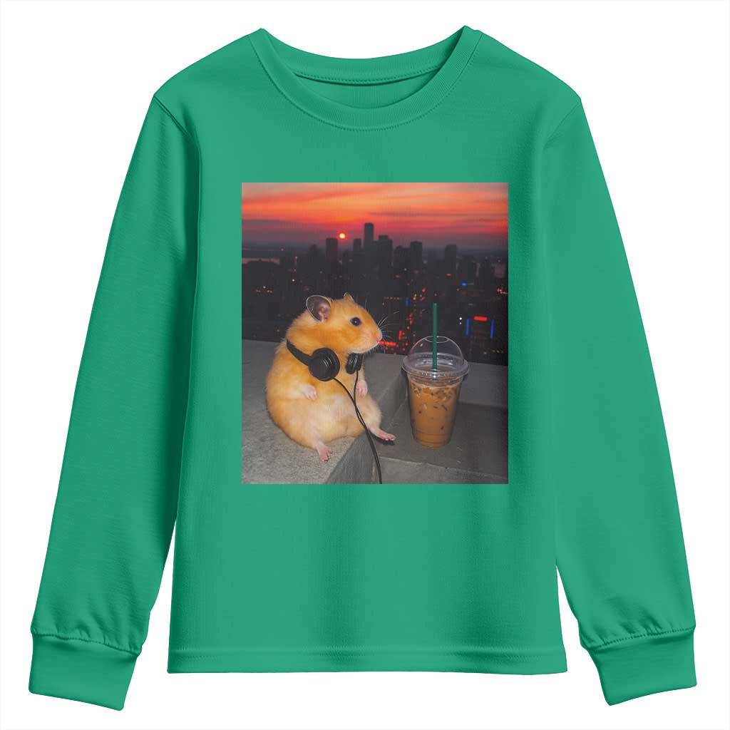 Hamster Drinking Iced Coffee Youth Sweatshirt Funny Animal Chill City Sunset Headphones