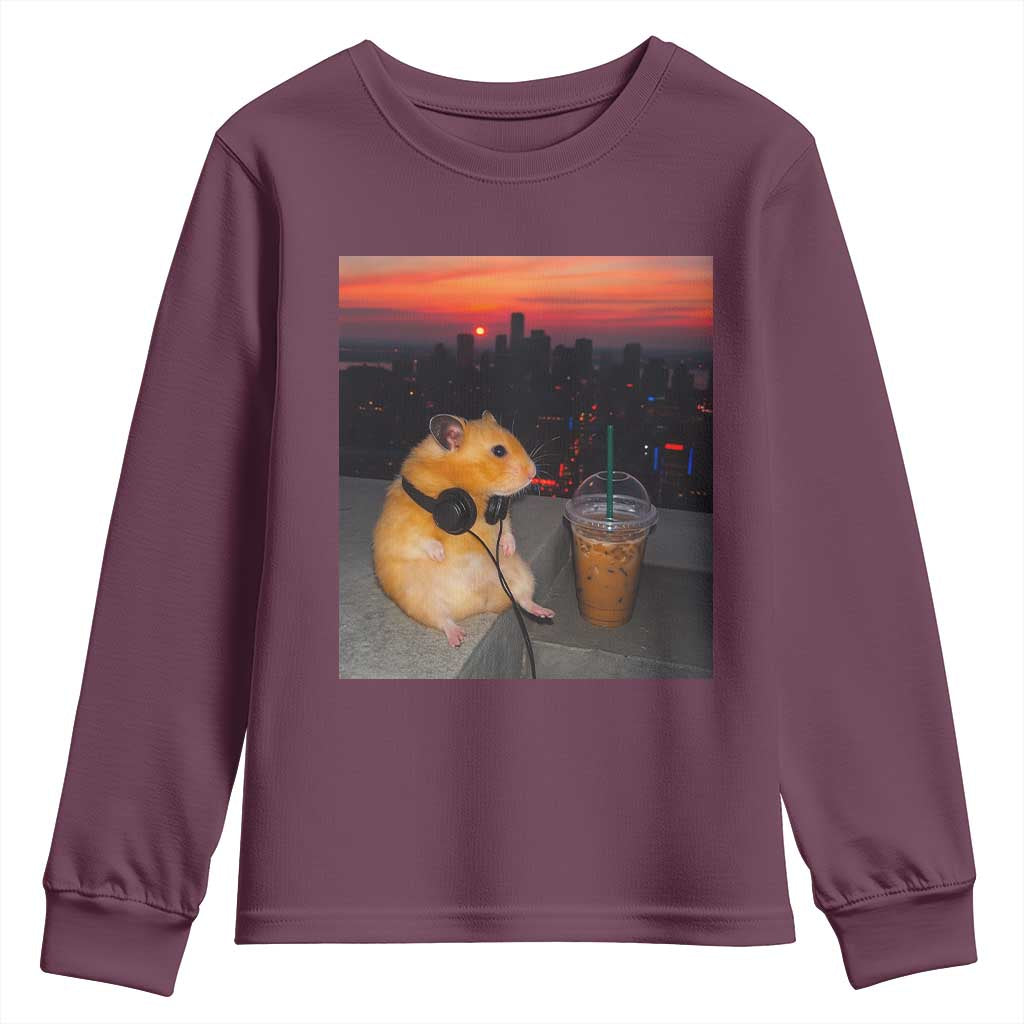 Hamster Drinking Iced Coffee Youth Sweatshirt Funny Animal Chill City Sunset Headphones