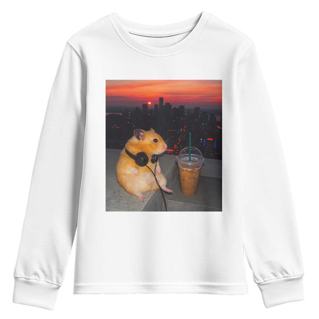 Hamster Drinking Iced Coffee Youth Sweatshirt Funny Animal Chill City Sunset Headphones