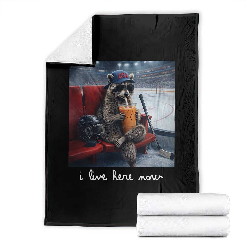 Hockey Mom Raccoon Iced Coffee Throw Blanket I Live Here Now