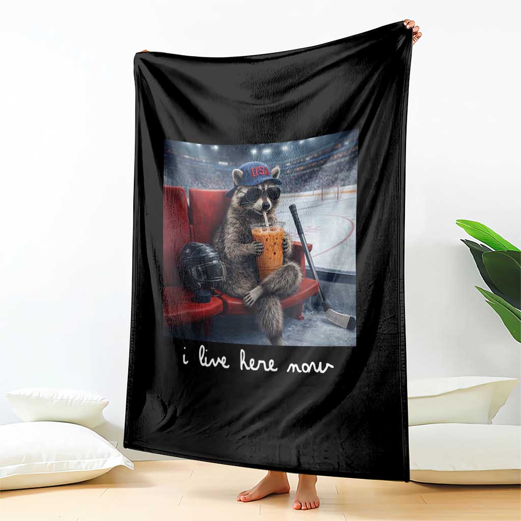 Hockey Mom Raccoon Iced Coffee Throw Blanket I Live Here Now
