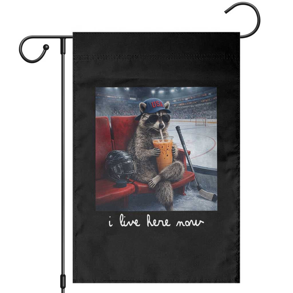 Hockey Mom Raccoon Iced Coffee Garden Flag I Live Here Now