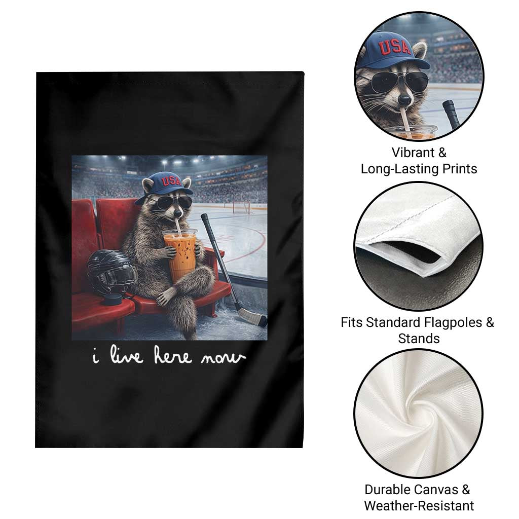 Hockey Mom Raccoon Iced Coffee Garden Flag I Live Here Now